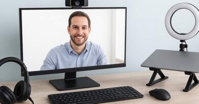 Accesorios para Teletrabajo: computadora con webcam, audífonos, luz LED y teclado en escritorio para videollamadas