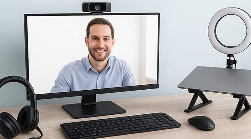 Accesorios para Teletrabajo: computadora con webcam, audífonos, luz LED y teclado en escritorio para videollamadas